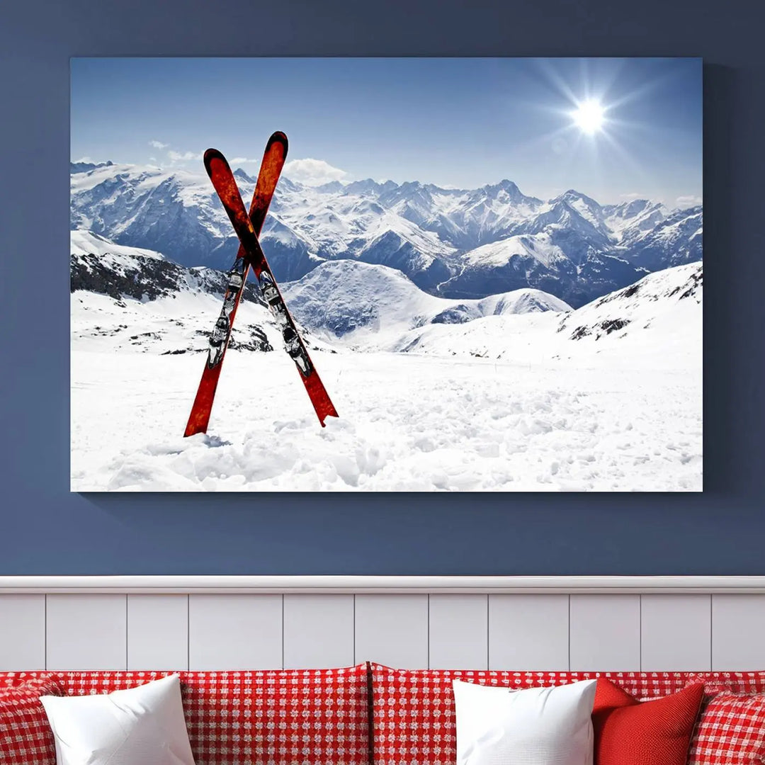 A triptych wall art titled "Snow Mountain Wall Art Canvas Print, Snowboard Sport Wall Art," featuring snow-capped mountains and crossed skis, is printed on museum-quality canvas with a UV-protective coating.