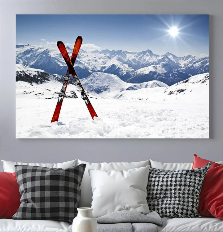 A triptych wall art titled "Snow Mountain Wall Art Canvas Print, Snowboard Sport Wall Art," featuring snow-capped mountains and crossed skis, is printed on museum-quality canvas with a UV-protective coating.