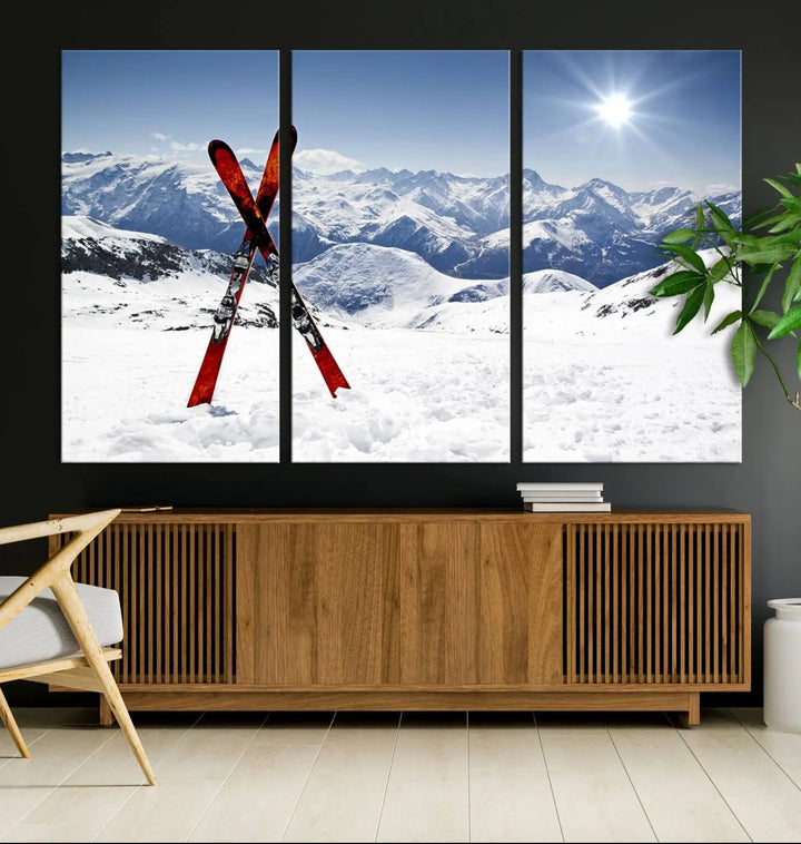 A triptych wall art titled "Snow Mountain Wall Art Canvas Print, Snowboard Sport Wall Art," featuring snow-capped mountains and crossed skis, is printed on museum-quality canvas with a UV-protective coating.