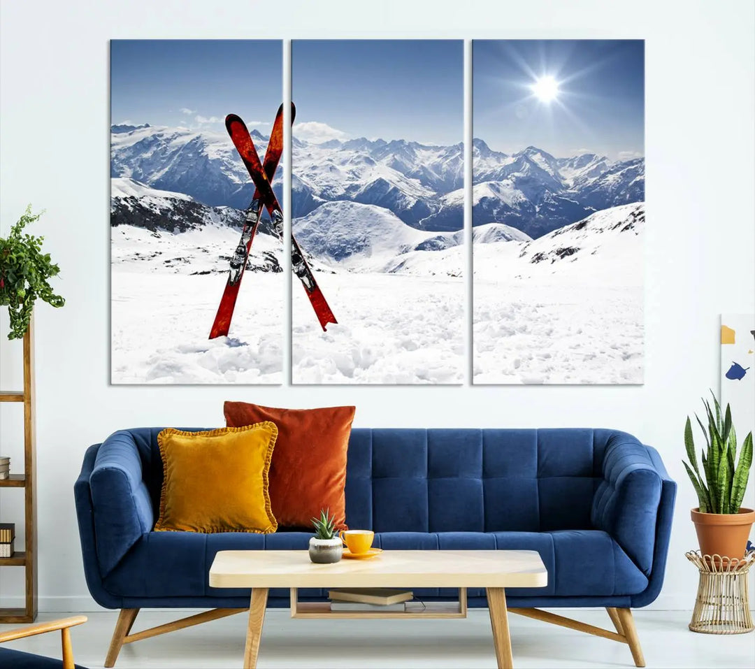 A triptych wall art titled "Snow Mountain Wall Art Canvas Print, Snowboard Sport Wall Art," featuring snow-capped mountains and crossed skis, is printed on museum-quality canvas with a UV-protective coating.