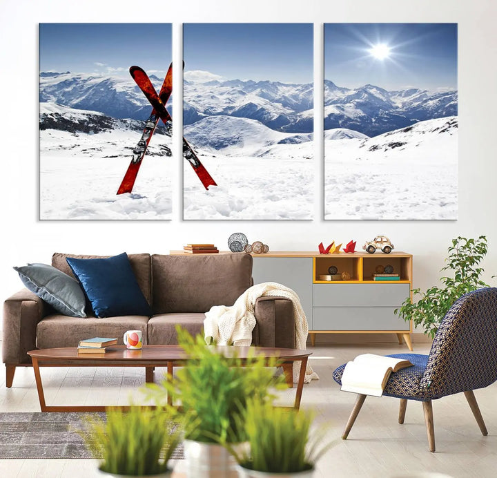 A triptych wall art titled "Snow Mountain Wall Art Canvas Print, Snowboard Sport Wall Art," featuring snow-capped mountains and crossed skis, is printed on museum-quality canvas with a UV-protective coating.