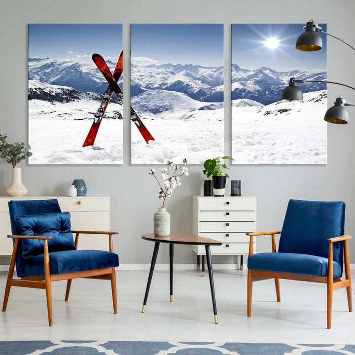 A triptych wall art titled "Snow Mountain Wall Art Canvas Print, Snowboard Sport Wall Art," featuring snow-capped mountains and crossed skis, is printed on museum-quality canvas with a UV-protective coating.