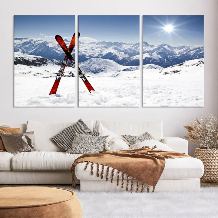 A triptych wall art titled "Snow Mountain Wall Art Canvas Print, Snowboard Sport Wall Art," featuring snow-capped mountains and crossed skis, is printed on museum-quality canvas with a UV-protective coating.