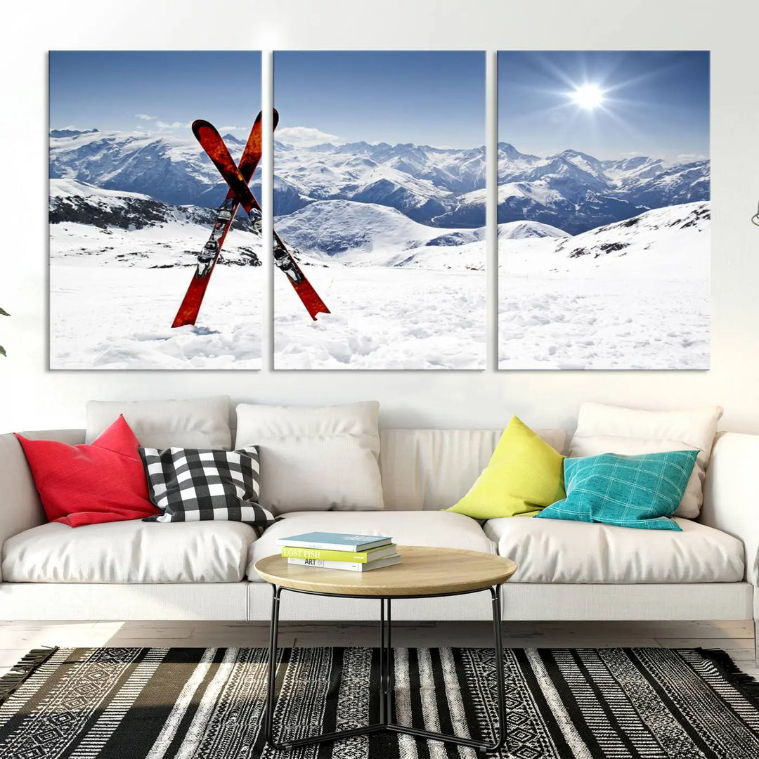 A triptych wall art titled "Snow Mountain Wall Art Canvas Print, Snowboard Sport Wall Art," featuring snow-capped mountains and crossed skis, is printed on museum-quality canvas with a UV-protective coating.