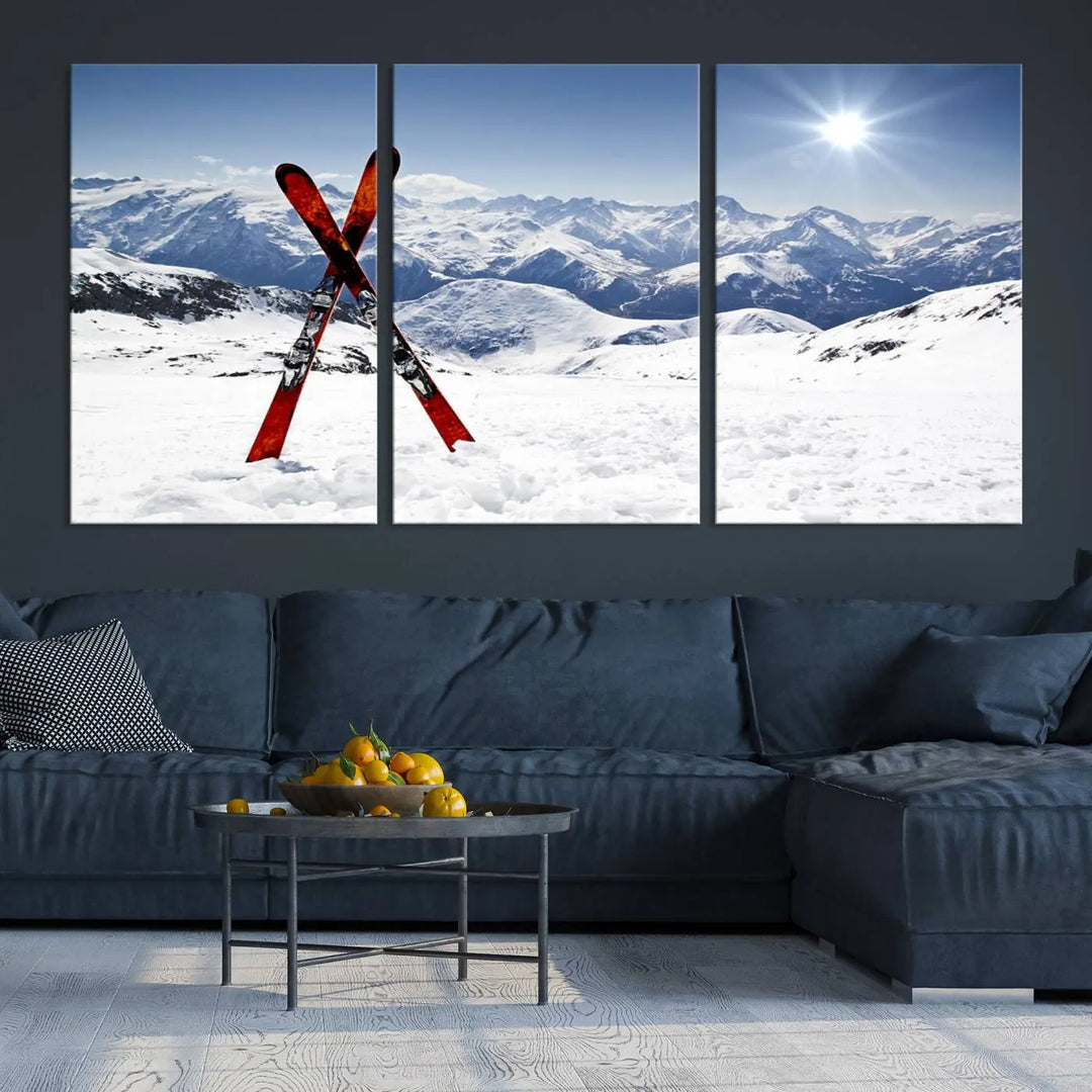 A triptych wall art titled "Snow Mountain Wall Art Canvas Print, Snowboard Sport Wall Art," featuring snow-capped mountains and crossed skis, is printed on museum-quality canvas with a UV-protective coating.