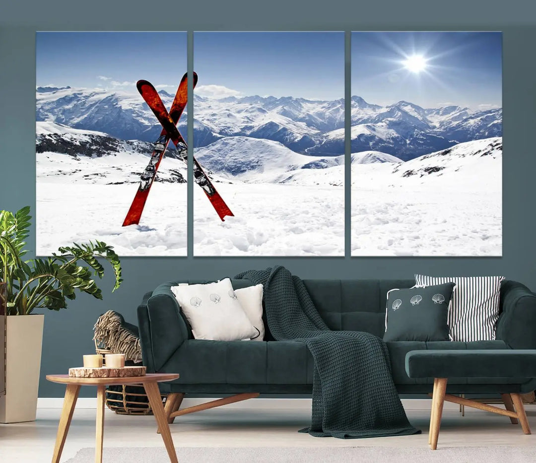 A triptych wall art titled "Snow Mountain Wall Art Canvas Print, Snowboard Sport Wall Art," featuring snow-capped mountains and crossed skis, is printed on museum-quality canvas with a UV-protective coating.