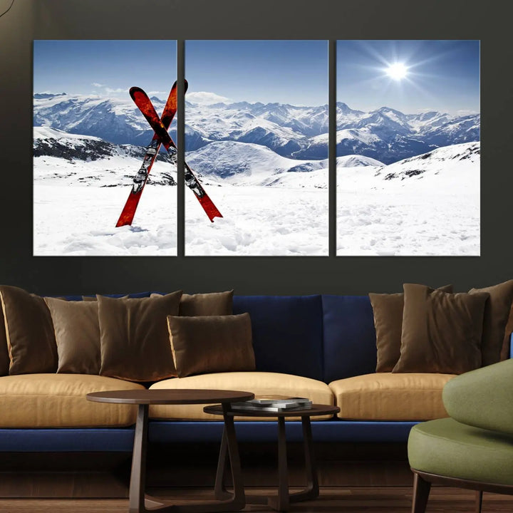 A triptych wall art titled "Snow Mountain Wall Art Canvas Print, Snowboard Sport Wall Art," featuring snow-capped mountains and crossed skis, is printed on museum-quality canvas with a UV-protective coating.