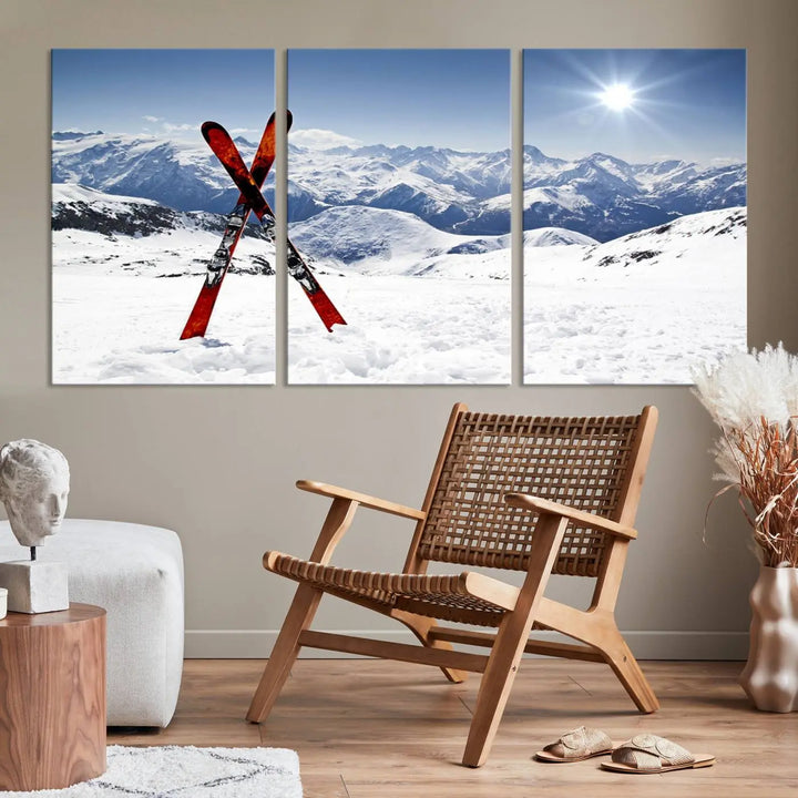 A triptych wall art titled "Snow Mountain Wall Art Canvas Print, Snowboard Sport Wall Art," featuring snow-capped mountains and crossed skis, is printed on museum-quality canvas with a UV-protective coating.