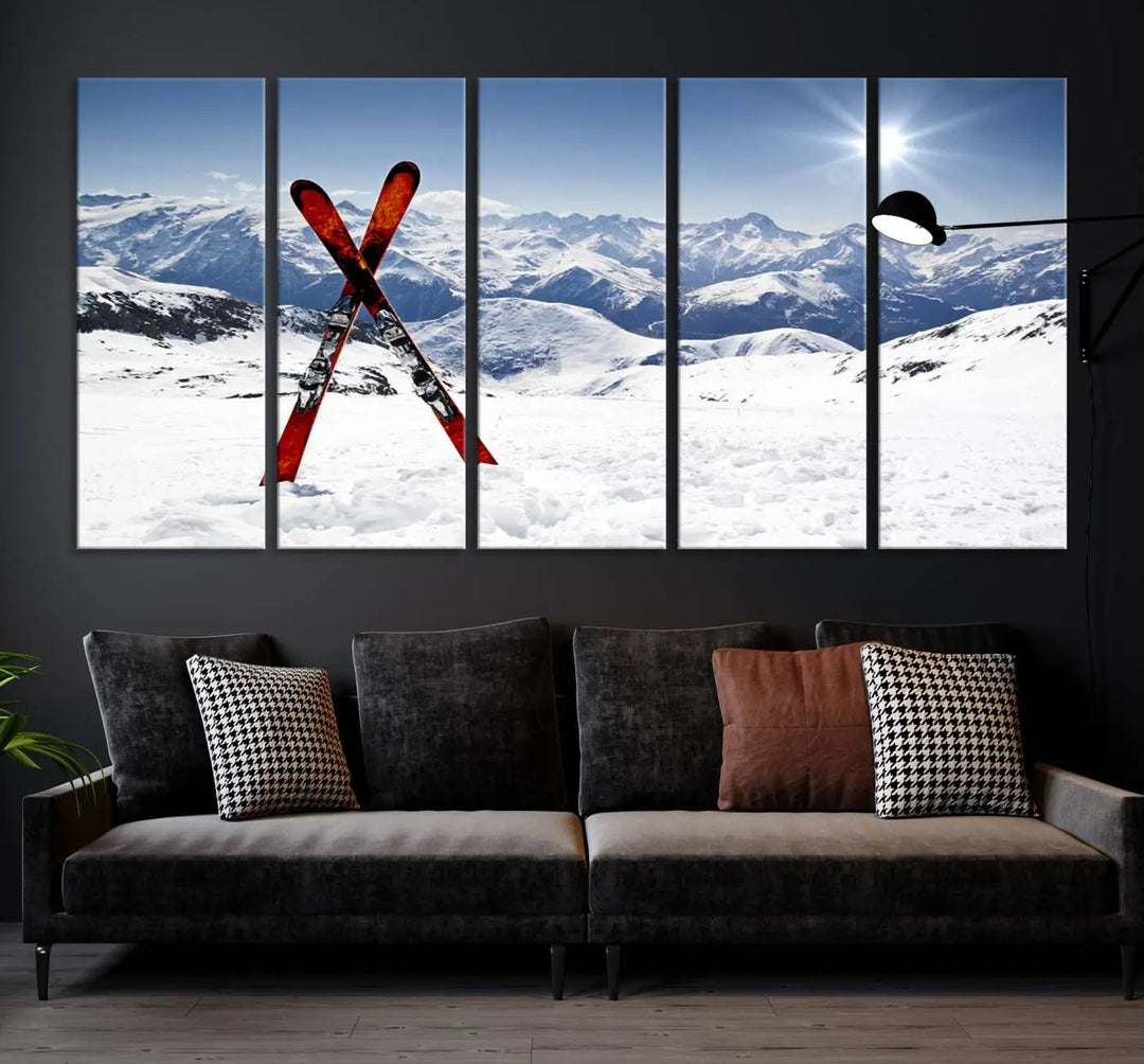 A triptych wall art titled "Snow Mountain Wall Art Canvas Print, Snowboard Sport Wall Art," featuring snow-capped mountains and crossed skis, is printed on museum-quality canvas with a UV-protective coating.