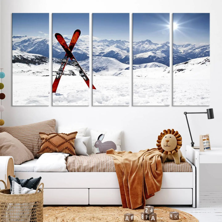 A triptych wall art titled "Snow Mountain Wall Art Canvas Print, Snowboard Sport Wall Art," featuring snow-capped mountains and crossed skis, is printed on museum-quality canvas with a UV-protective coating.