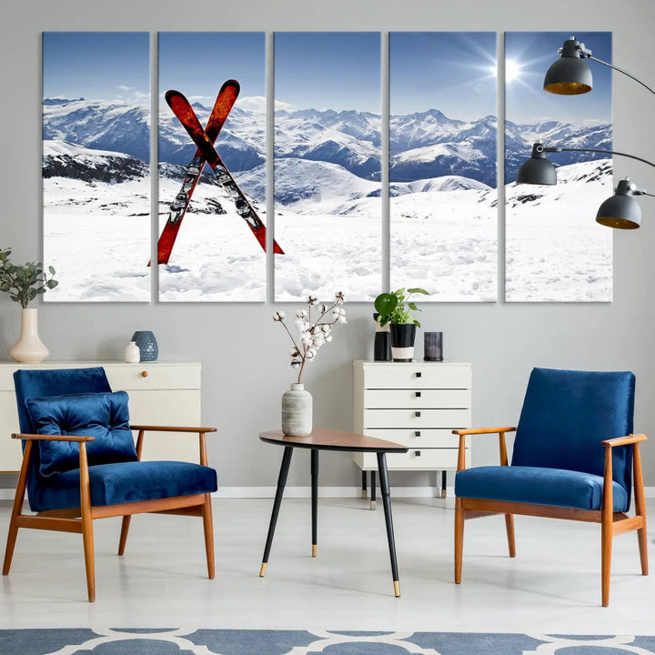 A triptych wall art titled "Snow Mountain Wall Art Canvas Print, Snowboard Sport Wall Art," featuring snow-capped mountains and crossed skis, is printed on museum-quality canvas with a UV-protective coating.