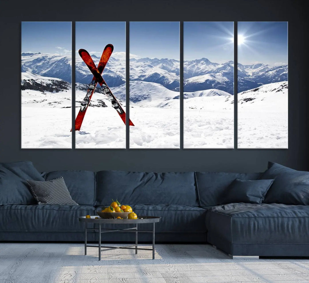 A triptych wall art titled "Snow Mountain Wall Art Canvas Print, Snowboard Sport Wall Art," featuring snow-capped mountains and crossed skis, is printed on museum-quality canvas with a UV-protective coating.