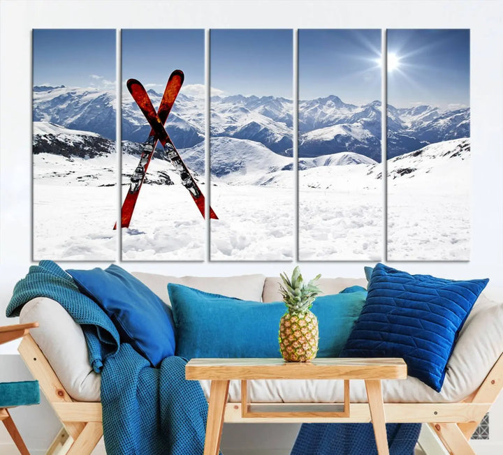 A triptych wall art titled "Snow Mountain Wall Art Canvas Print, Snowboard Sport Wall Art," featuring snow-capped mountains and crossed skis, is printed on museum-quality canvas with a UV-protective coating.