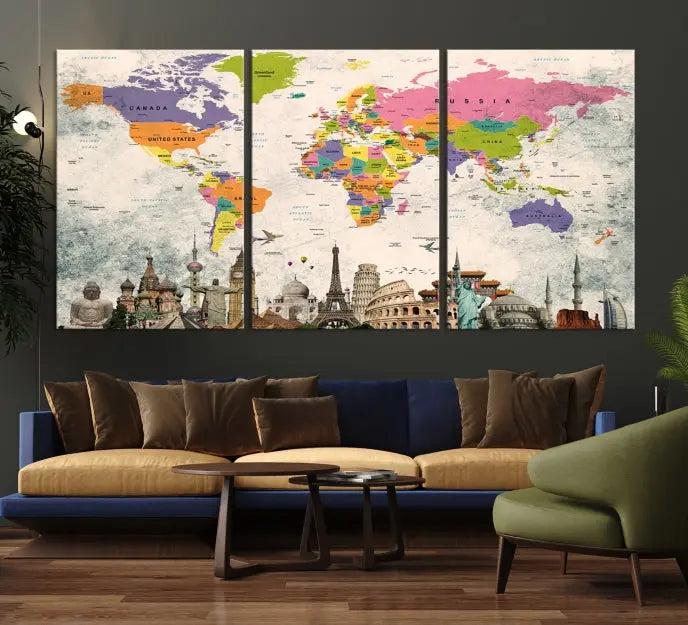 The room showcases the Soft Color 3 Piece World Map Wall Art Canvas Print, which is on gallery-wrapped, museum-quality canvas with a UV-protective coating gracing the wall.