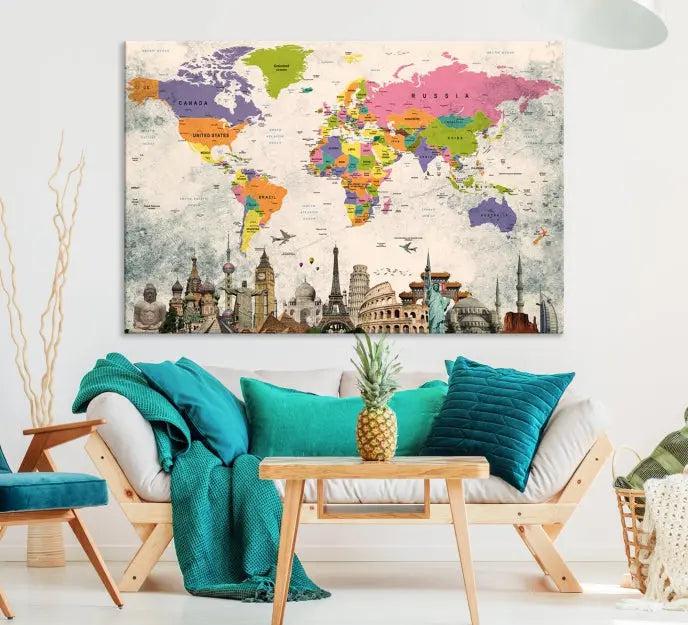 The room showcases the Soft Color 3 Piece World Map Wall Art Canvas Print, which is on gallery-wrapped, museum-quality canvas with a UV-protective coating gracing the wall.