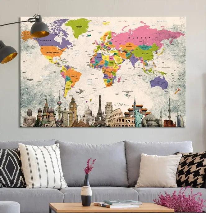 The room showcases the Soft Color 3 Piece World Map Wall Art Canvas Print, which is on gallery-wrapped, museum-quality canvas with a UV-protective coating gracing the wall.