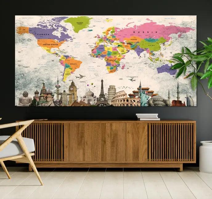 The room showcases the Soft Color 3 Piece World Map Wall Art Canvas Print, which is on gallery-wrapped, museum-quality canvas with a UV-protective coating gracing the wall.