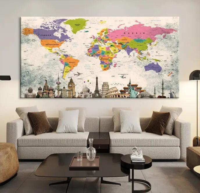 The room showcases the Soft Color 3 Piece World Map Wall Art Canvas Print, which is on gallery-wrapped, museum-quality canvas with a UV-protective coating gracing the wall.