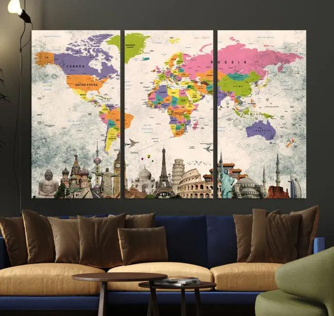 The room showcases the Soft Color 3 Piece World Map Wall Art Canvas Print, which is on gallery-wrapped, museum-quality canvas with a UV-protective coating gracing the wall.