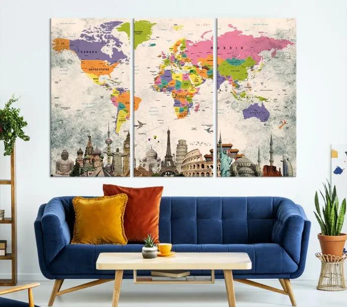 The room showcases the Soft Color 3 Piece World Map Wall Art Canvas Print, which is on gallery-wrapped, museum-quality canvas with a UV-protective coating gracing the wall.