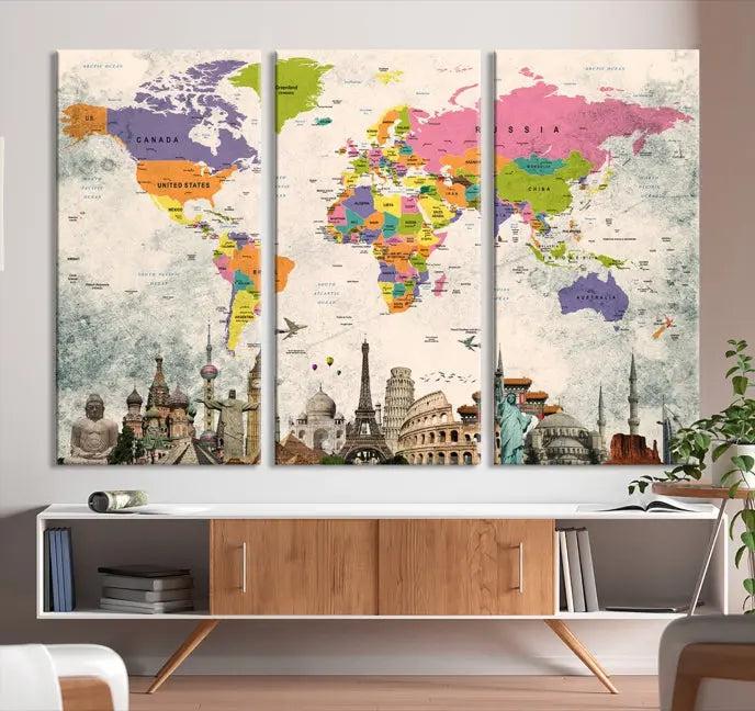 The room showcases the Soft Color 3 Piece World Map Wall Art Canvas Print, which is on gallery-wrapped, museum-quality canvas with a UV-protective coating gracing the wall.