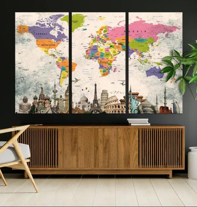 The room showcases the Soft Color 3 Piece World Map Wall Art Canvas Print, which is on gallery-wrapped, museum-quality canvas with a UV-protective coating gracing the wall.