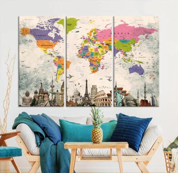 The room showcases the Soft Color 3 Piece World Map Wall Art Canvas Print, which is on gallery-wrapped, museum-quality canvas with a UV-protective coating gracing the wall.