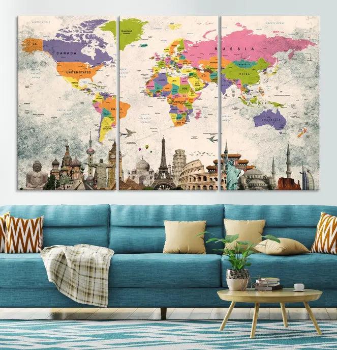 The room showcases the Soft Color 3 Piece World Map Wall Art Canvas Print, which is on gallery-wrapped, museum-quality canvas with a UV-protective coating gracing the wall.