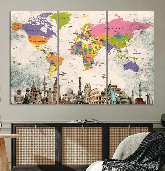 The room showcases the Soft Color 3 Piece World Map Wall Art Canvas Print, which is on gallery-wrapped, museum-quality canvas with a UV-protective coating gracing the wall.