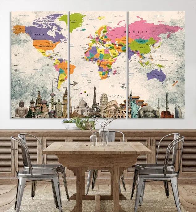 The room showcases the Soft Color 3 Piece World Map Wall Art Canvas Print, which is on gallery-wrapped, museum-quality canvas with a UV-protective coating gracing the wall.