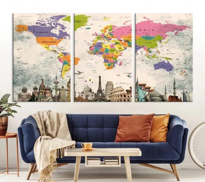 The room showcases the Soft Color 3 Piece World Map Wall Art Canvas Print, which is on gallery-wrapped, museum-quality canvas with a UV-protective coating gracing the wall.