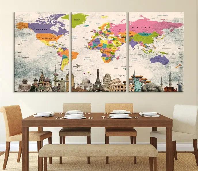 The room showcases the Soft Color 3 Piece World Map Wall Art Canvas Print, which is on gallery-wrapped, museum-quality canvas with a UV-protective coating gracing the wall.