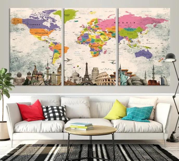 The room showcases the Soft Color 3 Piece World Map Wall Art Canvas Print, which is on gallery-wrapped, museum-quality canvas with a UV-protective coating gracing the wall.