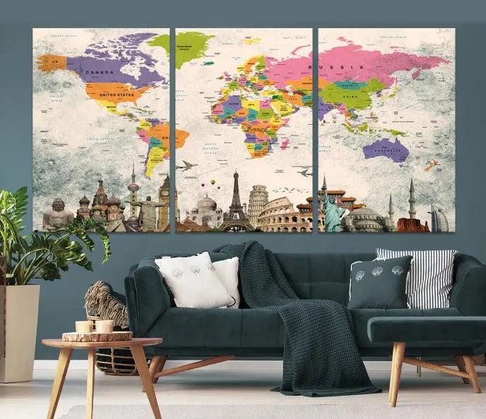 The room showcases the Soft Color 3 Piece World Map Wall Art Canvas Print, which is on gallery-wrapped, museum-quality canvas with a UV-protective coating gracing the wall.