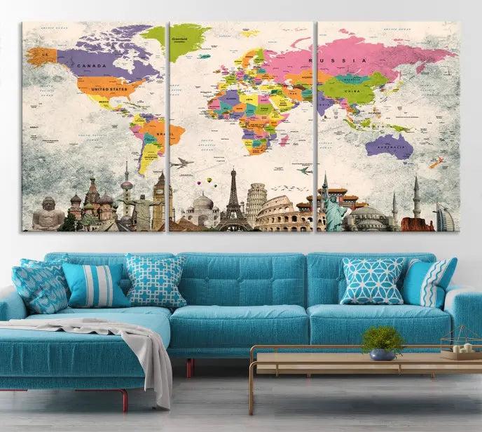 The room showcases the Soft Color 3 Piece World Map Wall Art Canvas Print, which is on gallery-wrapped, museum-quality canvas with a UV-protective coating gracing the wall.