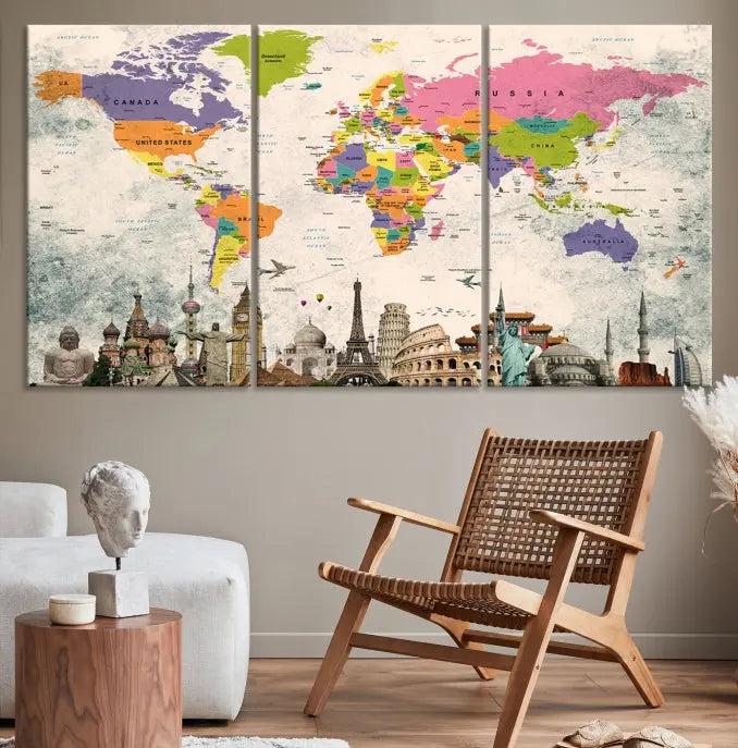 The room showcases the Soft Color 3 Piece World Map Wall Art Canvas Print, which is on gallery-wrapped, museum-quality canvas with a UV-protective coating gracing the wall.