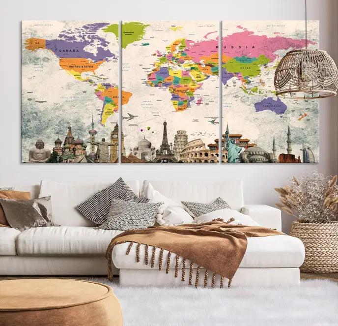 The room showcases the Soft Color 3 Piece World Map Wall Art Canvas Print, which is on gallery-wrapped, museum-quality canvas with a UV-protective coating gracing the wall.