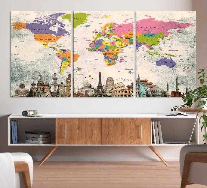 The room showcases the Soft Color 3 Piece World Map Wall Art Canvas Print, which is on gallery-wrapped, museum-quality canvas with a UV-protective coating gracing the wall.