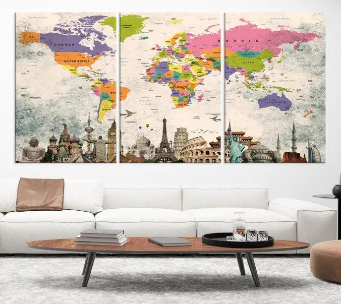 The room showcases the Soft Color 3 Piece World Map Wall Art Canvas Print, which is on gallery-wrapped, museum-quality canvas with a UV-protective coating gracing the wall.