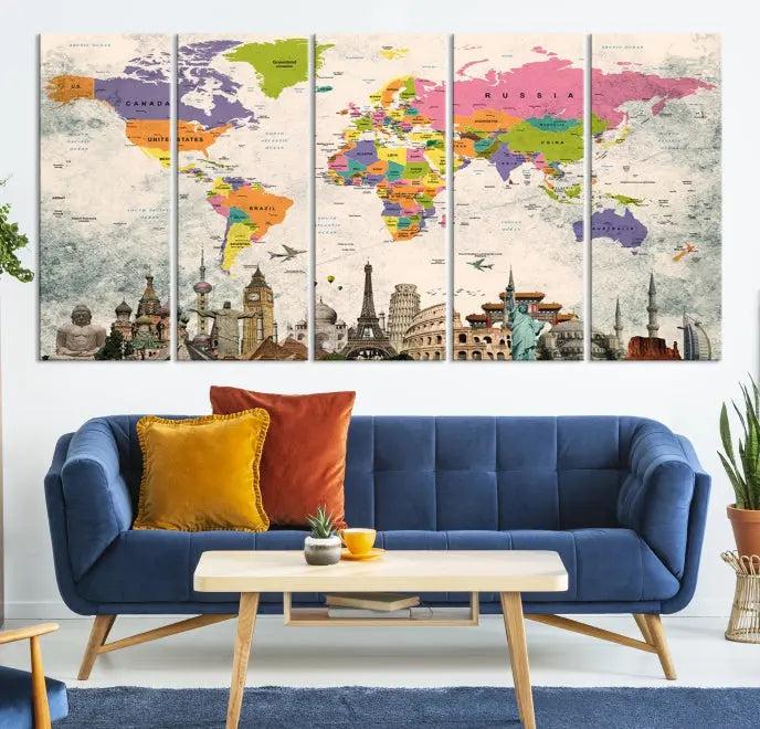 The room showcases the Soft Color 3 Piece World Map Wall Art Canvas Print, which is on gallery-wrapped, museum-quality canvas with a UV-protective coating gracing the wall.