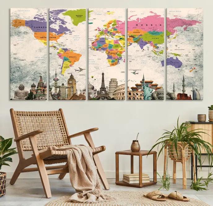 The room showcases the Soft Color 3 Piece World Map Wall Art Canvas Print, which is on gallery-wrapped, museum-quality canvas with a UV-protective coating gracing the wall.