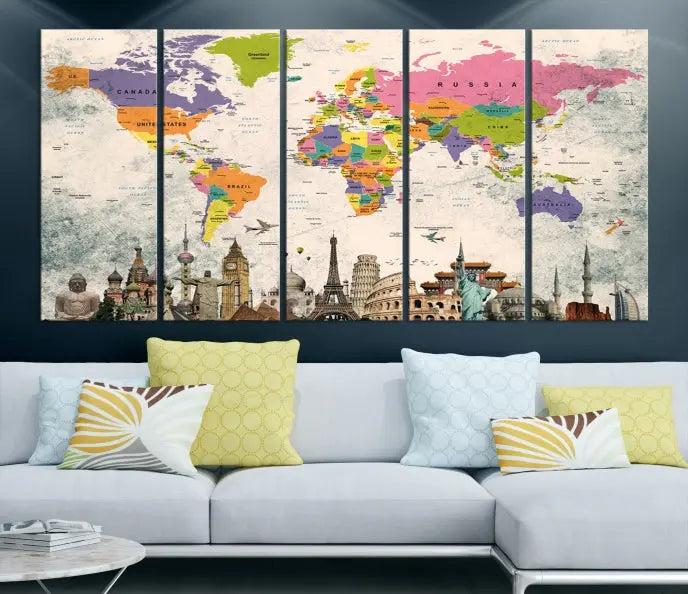 The room showcases the Soft Color 3 Piece World Map Wall Art Canvas Print, which is on gallery-wrapped, museum-quality canvas with a UV-protective coating gracing the wall.