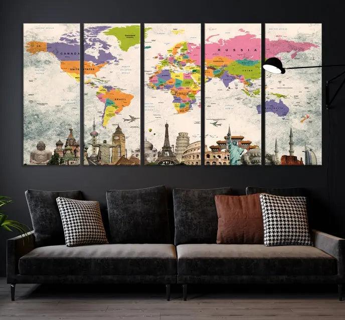 The room showcases the Soft Color 3 Piece World Map Wall Art Canvas Print, which is on gallery-wrapped, museum-quality canvas with a UV-protective coating gracing the wall.