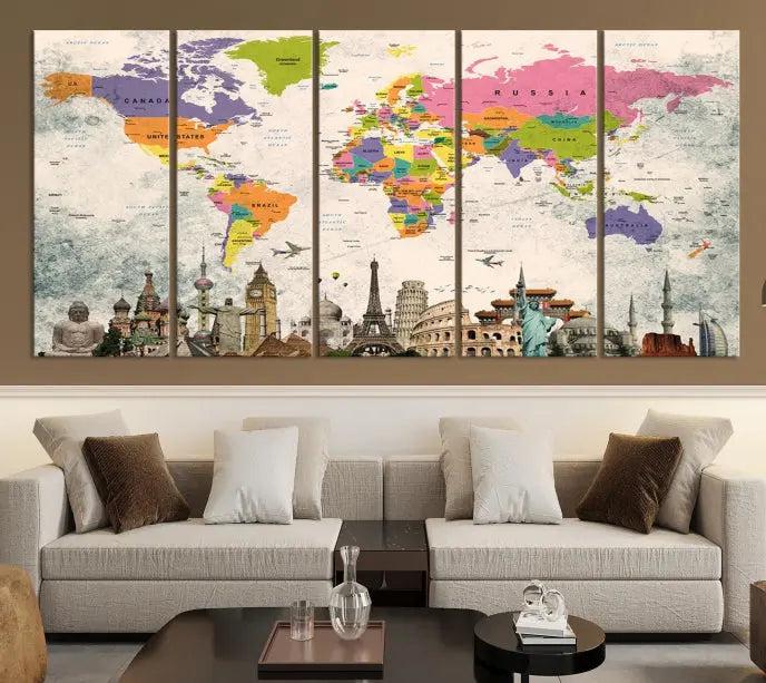 The room showcases the Soft Color 3 Piece World Map Wall Art Canvas Print, which is on gallery-wrapped, museum-quality canvas with a UV-protective coating gracing the wall.