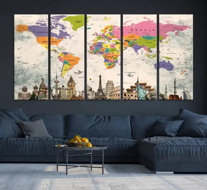 The room showcases the Soft Color 3 Piece World Map Wall Art Canvas Print, which is on gallery-wrapped, museum-quality canvas with a UV-protective coating gracing the wall.