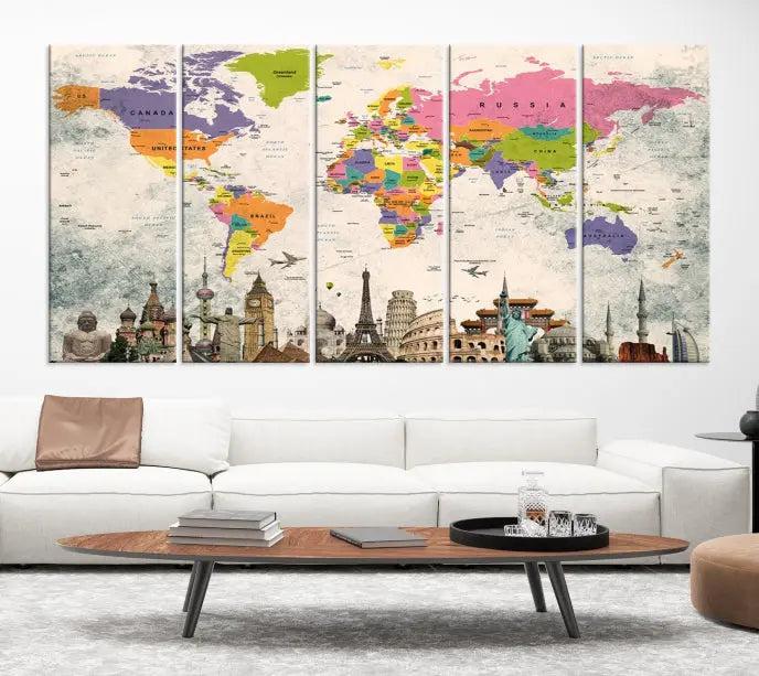 The room showcases the Soft Color 3 Piece World Map Wall Art Canvas Print, which is on gallery-wrapped, museum-quality canvas with a UV-protective coating gracing the wall.