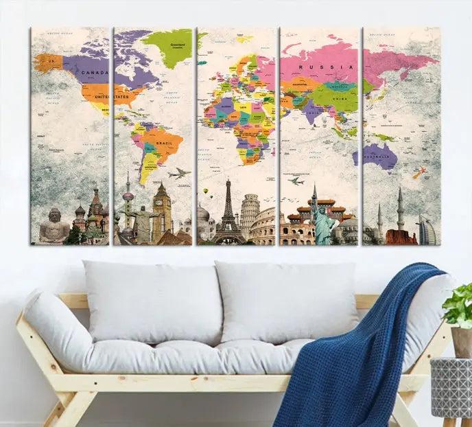 The room showcases the Soft Color 3 Piece World Map Wall Art Canvas Print, which is on gallery-wrapped, museum-quality canvas with a UV-protective coating gracing the wall.