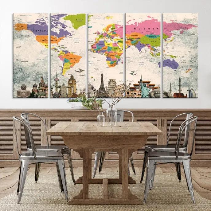 The room showcases the Soft Color 3 Piece World Map Wall Art Canvas Print, which is on gallery-wrapped, museum-quality canvas with a UV-protective coating gracing the wall.