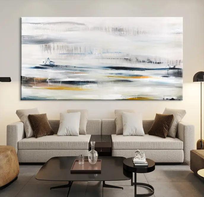 Above the wooden console, a three-panel "Soft Color of Abstract Canvas Print" adorns the dark wall with its museum-quality canvases enhanced by a UV-protective coating.