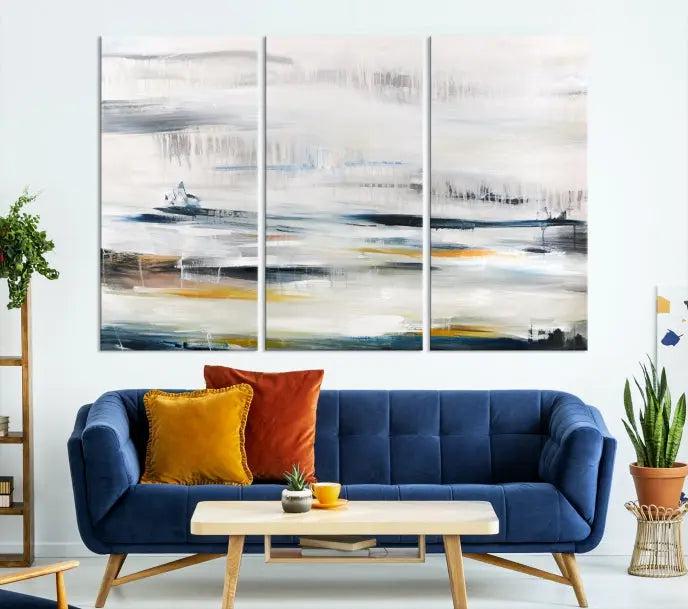 Above the wooden console, a three-panel "Soft Color of Abstract Canvas Print" adorns the dark wall with its museum-quality canvases enhanced by a UV-protective coating.